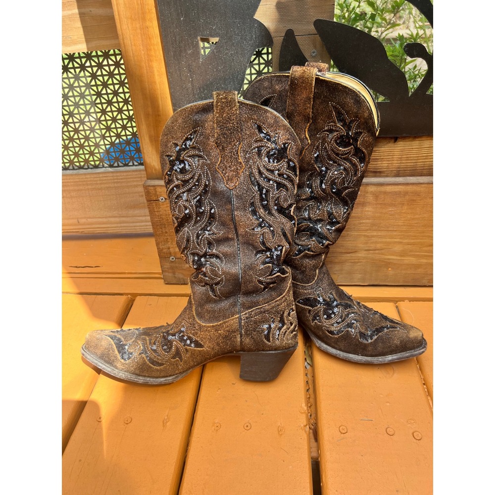 Corral Brown Distressed Leather Black Sequin Inlay Western Boots R1152 8.5M - Picture 3 of 13